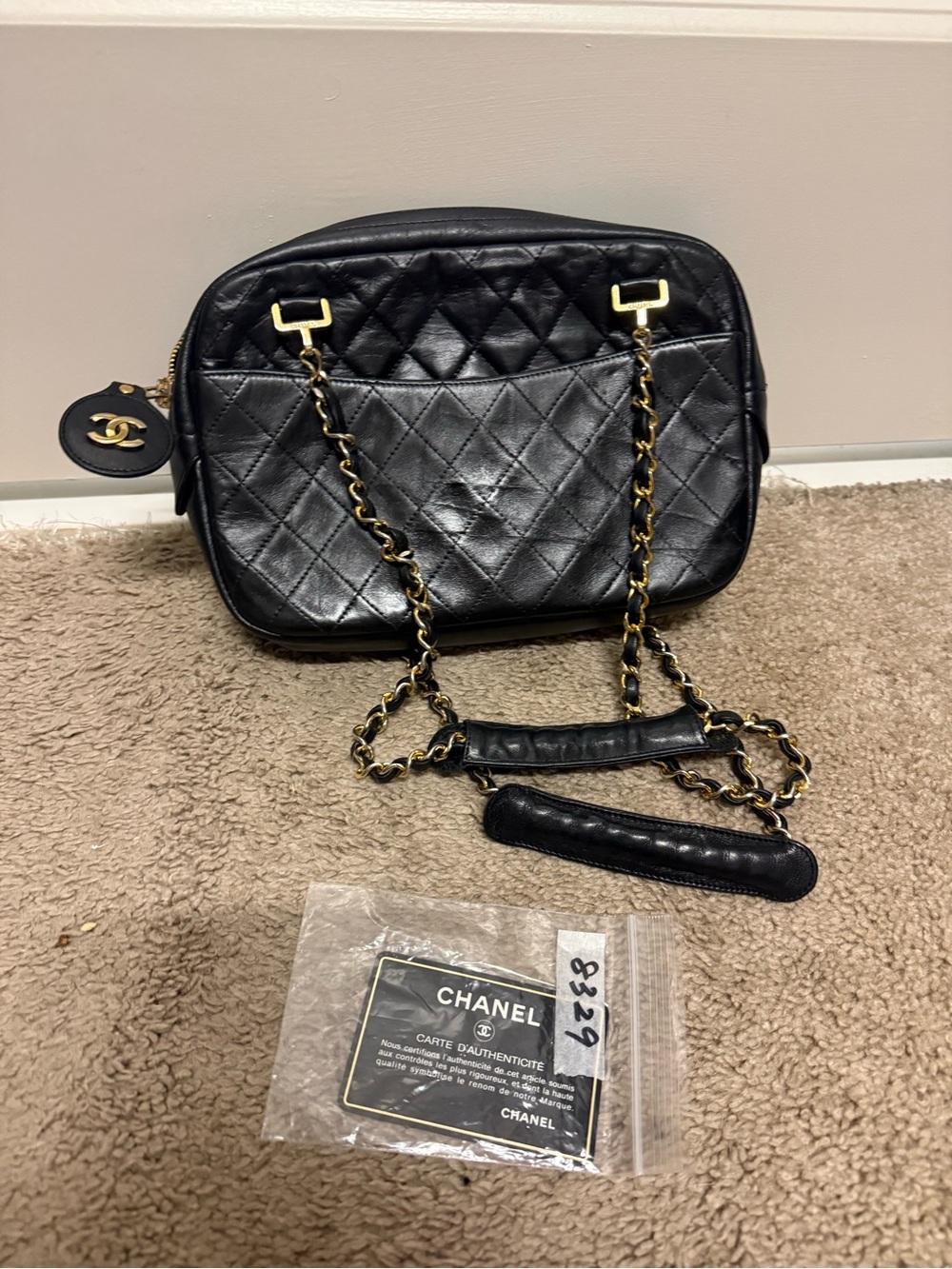 Vintage CHANEL Black lambskin Leather Crossbody with Gold Chain Strap